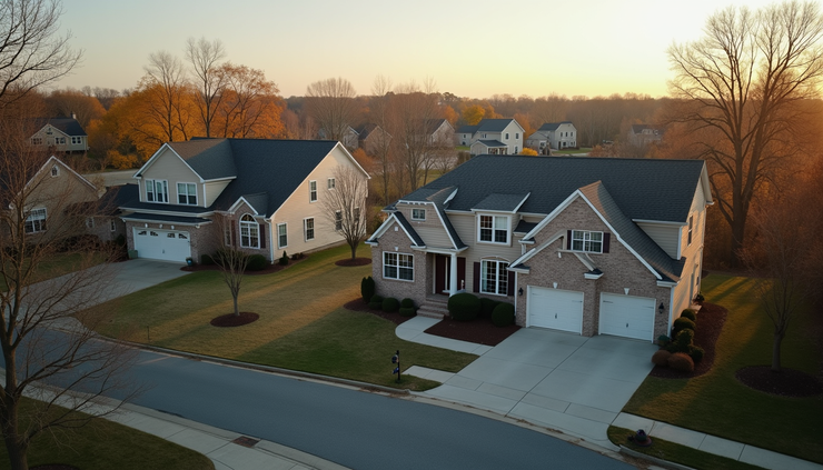 High angle view of Maryland residential neighborhood with large homes