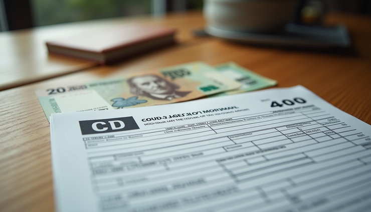 Close-up view of U.S. tax forms and Moroccan dirhams on a wooden table