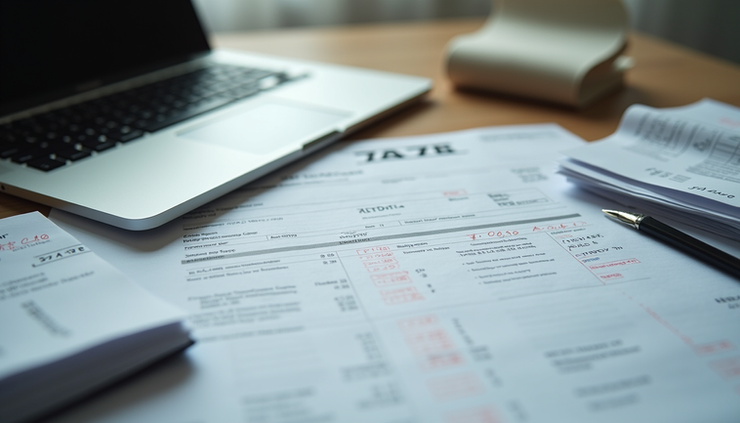 High angle view of a person calculating taxes with receipts and laptop