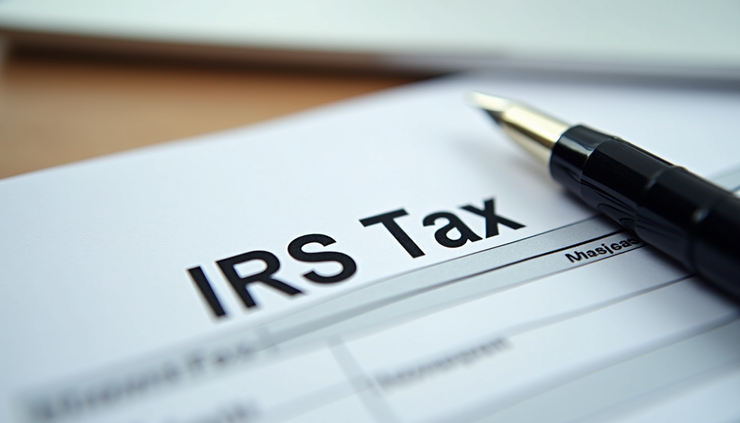 Close-up view of IRS tax form with pen on top