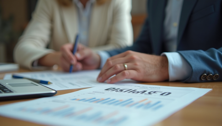Eye-level view of a financial advisor reviewing tax documents with a retiree