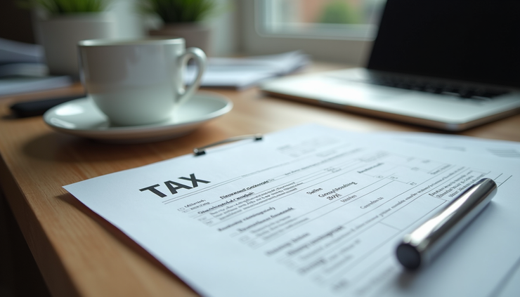 High angle view of a tax expert’s desk with tax forms, a laptop, and a cup of coffee