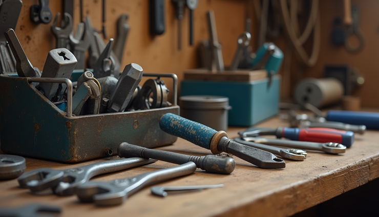 Eye-level view of a toolbox with various repair tools on a wooden workbench