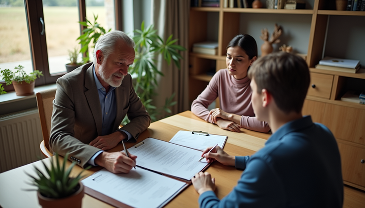 High angle view of a financial advisor discussing estate plans with a family in a home office