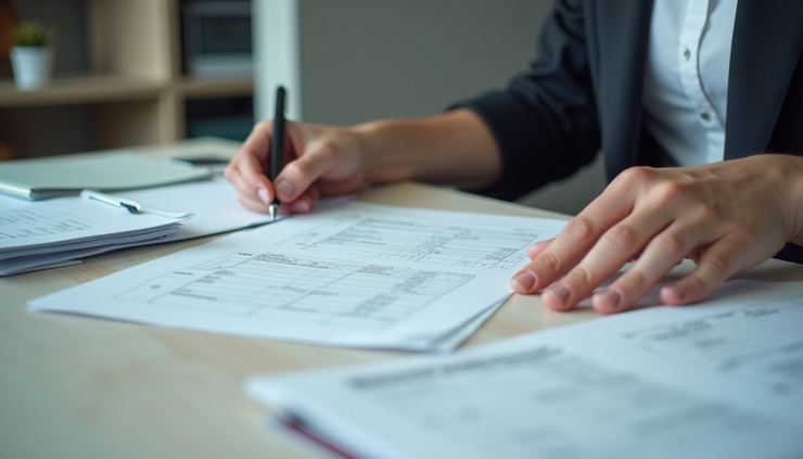 Eye-level view of a person organizing tax documents and receipts