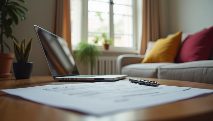 Eye-level view of a cozy Airbnb rental living room with a laptop and tax documents on the table