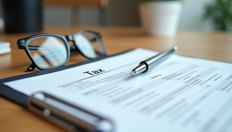 Close-up view of a tax form with a pen and glasses on a table