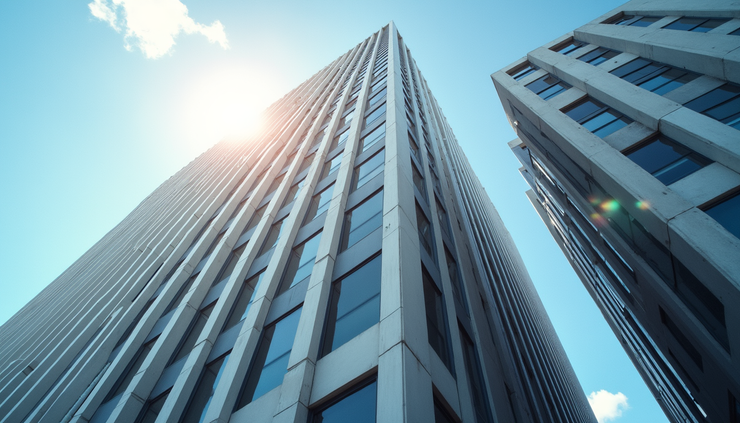 Eye-level view of a modern office building in Washington DC with clear skies