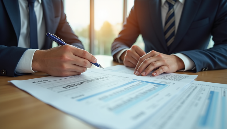 Eye-level view of a person reviewing tax documents with a financial advisor