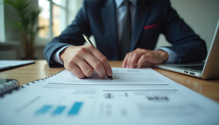 Eye-level view of a person reviewing tax documents with a laptop
