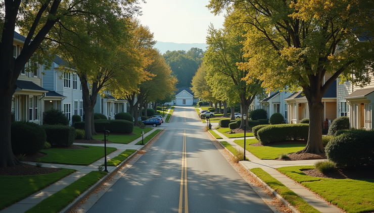 High angle view of a quiet neighborhood street in suburban Maryland