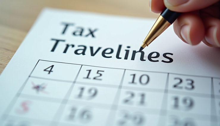 Close-up view of a calendar marked with travel dates and tax deadlines