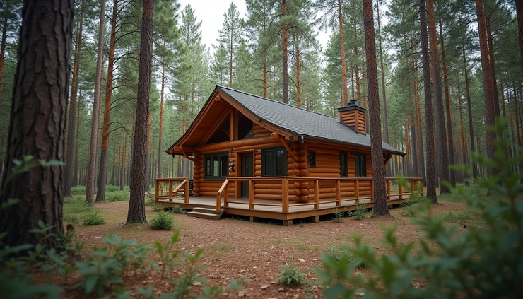 Eye-level view of a cozy vacation rental cabin surrounded by pine trees