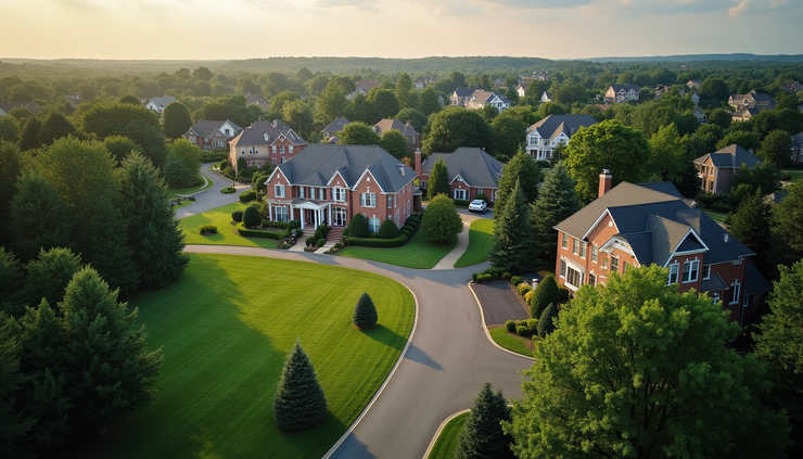 High angle view of a luxury residential neighborhood in Northern Virginia with large homes and green lawns