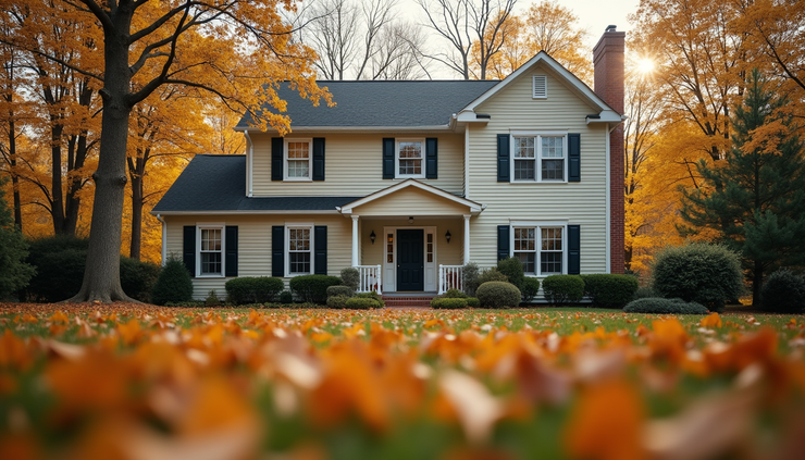Eye-level view of a Maryland family home with autumn leaves on the lawn