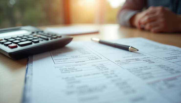 High angle view of a family budget planner with calculator and receipts on a table