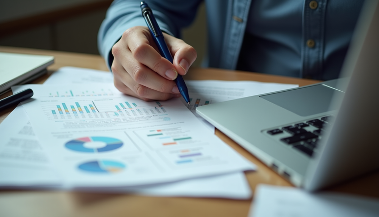 High angle view of a person reviewing financial statements with a laptop and notes