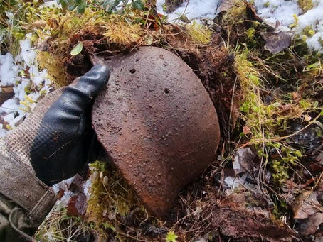 pulling a german helmet out from under the moss
