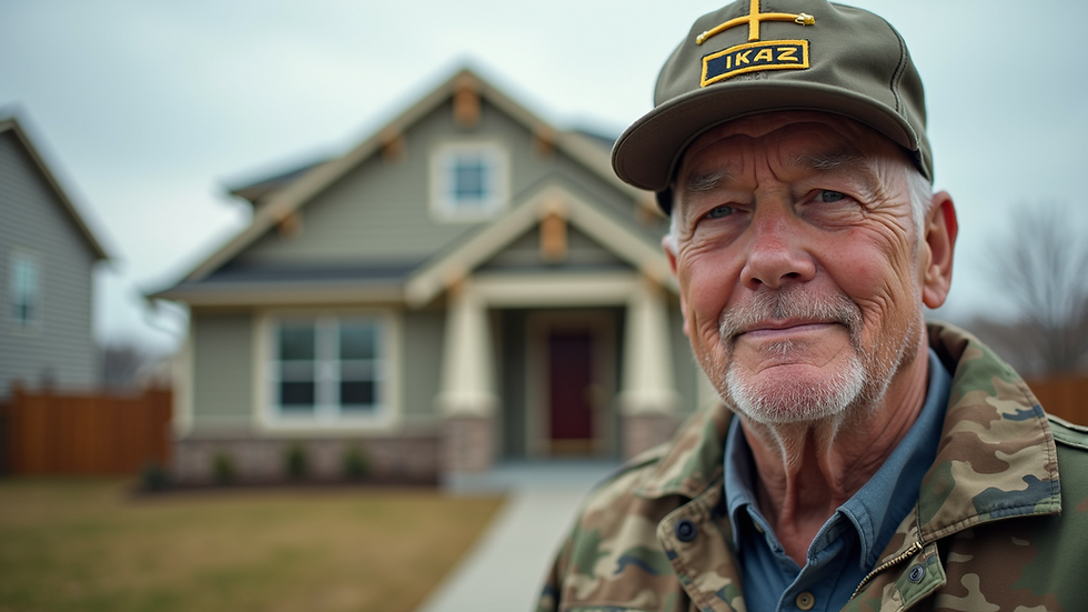 Eye-level view of a veteran standing proudly in front of a newly built home