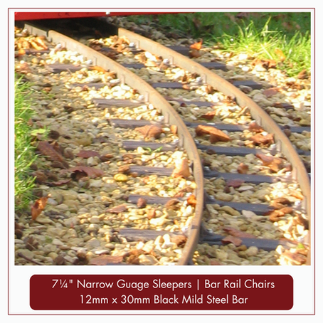 Close-up of narrow gauge train tracks on gravel with autumn leaves. Text reads: "7¼'' Narrow Gauge Sleepers, Bar Rail Chairs, 12mm x 30mm Black Mild Steel Bar."
