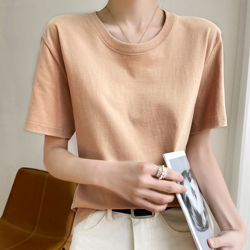 Thumbnail: Women T-shirts 2025 Tops Solid Short Sleeve Loose O-neck  Cotton Casual Ladies S