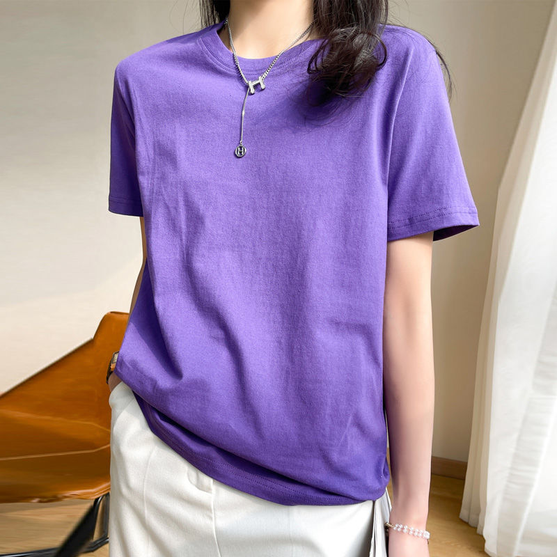 Thumbnail: Women T-shirts 2025 Tops Solid Short Sleeve Loose O-neck  Cotton Casual Ladies S