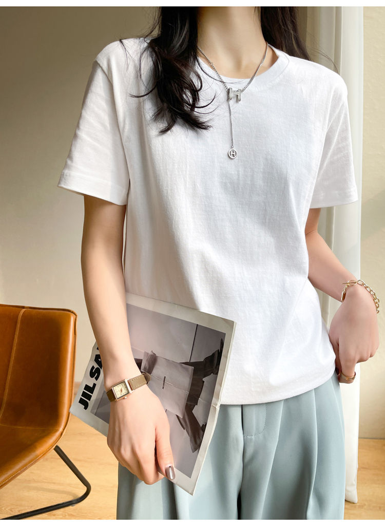 Thumbnail: Women T-shirts 2025 Tops Solid Short Sleeve Loose O-neck  Cotton Casual Ladies S