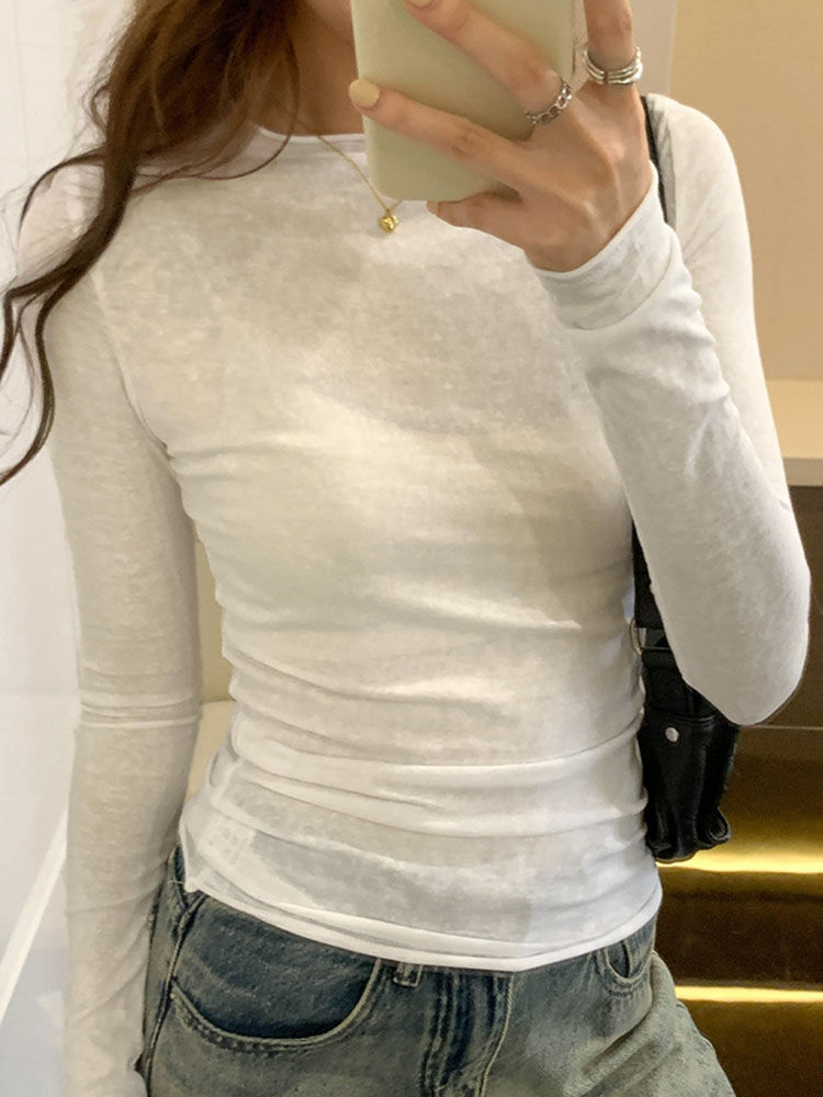 Thumbnail: 2024 Spring Autumn T shirt Women Tops Solid Slim Fit Long Sleeve O Neck Tshirts 