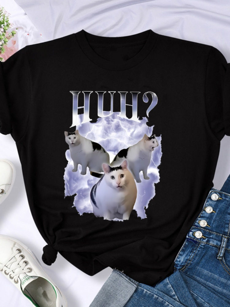 Thumbnail: Tshirt Cat Saying Huh Funny Meme T-shirt Women Breathable Short Sleeve T Shirts 