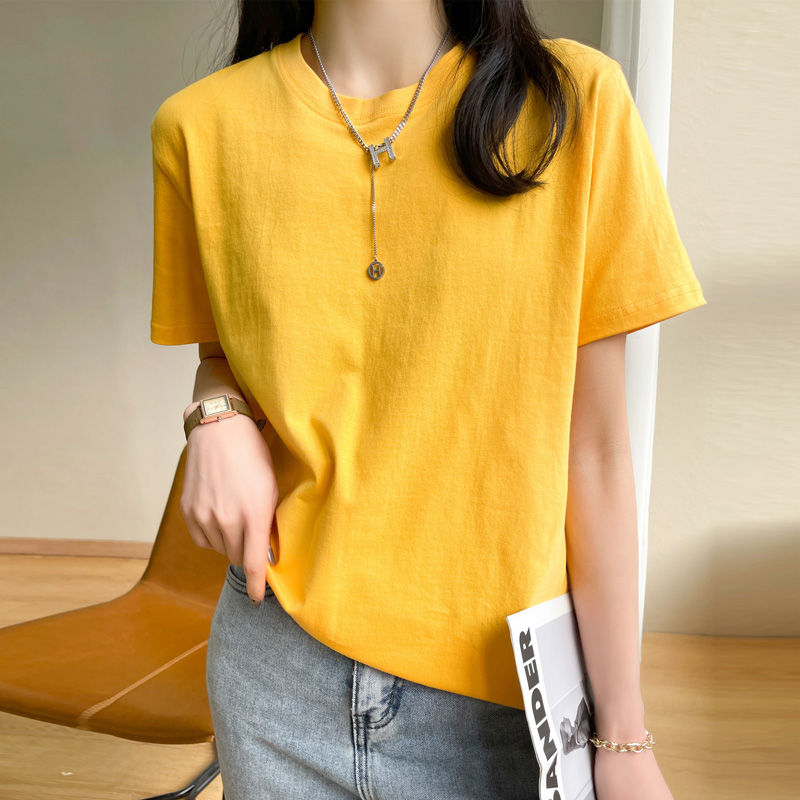 Thumbnail: Women T-shirts 2025 Tops Solid Short Sleeve Loose O-neck  Cotton Casual Ladies S