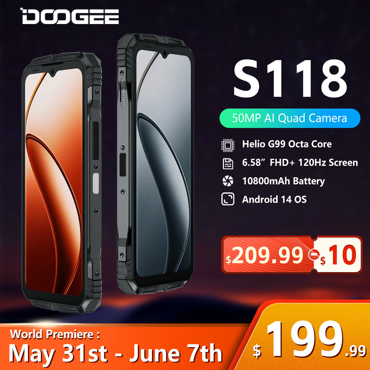 DOOGEE S118 Rugged Smartphone 8GB 512GB 6.58" FHD+ Screen Helio G99 50MP AI Came