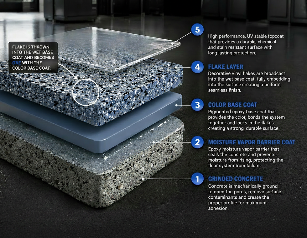 Informational graphic showing a flake epoxy floor system in layers with labels and icons