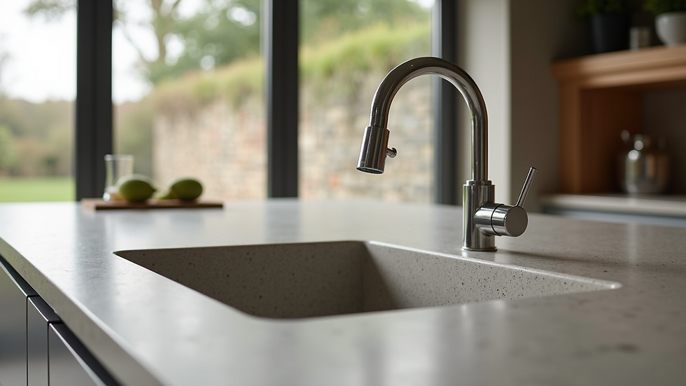 Eye-level view of bespoke stone kitchen island with integrated sink