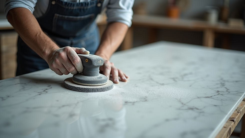 High angle view of a craftsman polishing a large marble slab