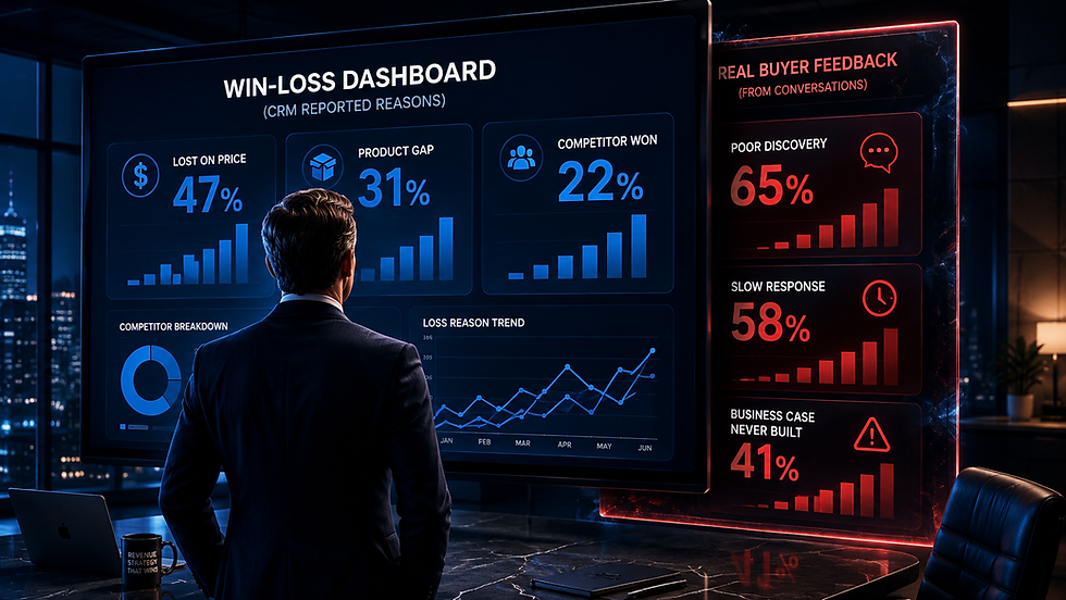 A revenue leader stands in front of a large enterprise CRM win-loss dashboard displaying common loss reasons such as price, product gaps, and competitors. Beside it, a contrasting red panel reveals real buyer feedback from conversations, showing different causes such as poor discovery, slow response times, and failure to build a business case. The image illustrates the gap between reported CRM data and actual buyer decision drivers in B2B sales.