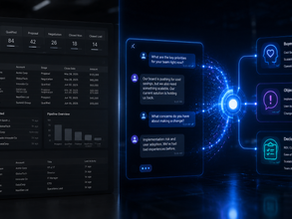 Split visualization contrasting a traditional CRM dashboard showing basic pipeline stages and activity logs on the left with rich buyer decision intelligence from live conversations on the right — revealing buyer motivations, objections, decision criteria, and stakeholder dynamics in B2B sales.