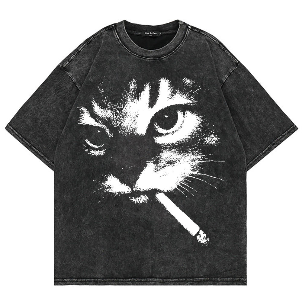 Unisex Vintage Acid Wash Smoking Cat Graphic Heavyweight T-Shirt