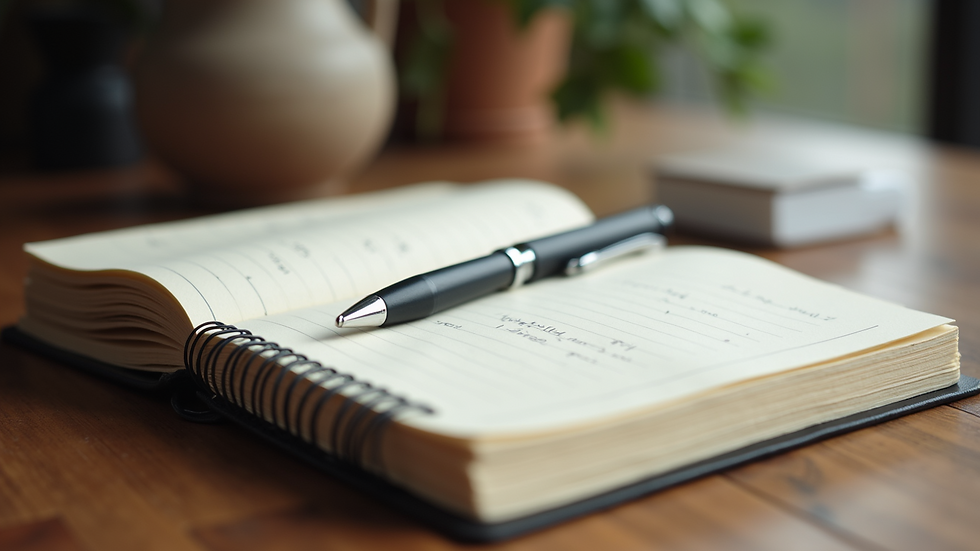 Close-up view of a journal and pen on a wooden table