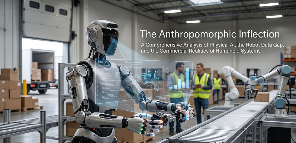 The Anthropomorphic Inflection: A Comprehensive Analysis of Physical AI, the Robot Data Gap, and the Commercial Realities of Humanoid Systems