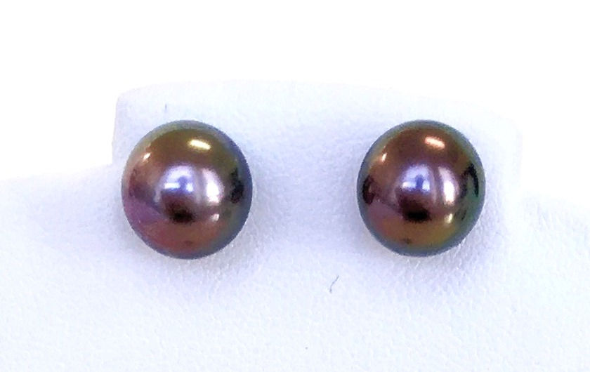 Thumbnail: Aubergine Tahitian Pearl stud earrings, 8.5 x 9 mm
