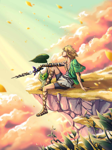 illustration d'un fanart de Zelda TOTK, link accompagné d'un korogu est assis sur une île celeste devant un couché de soleil