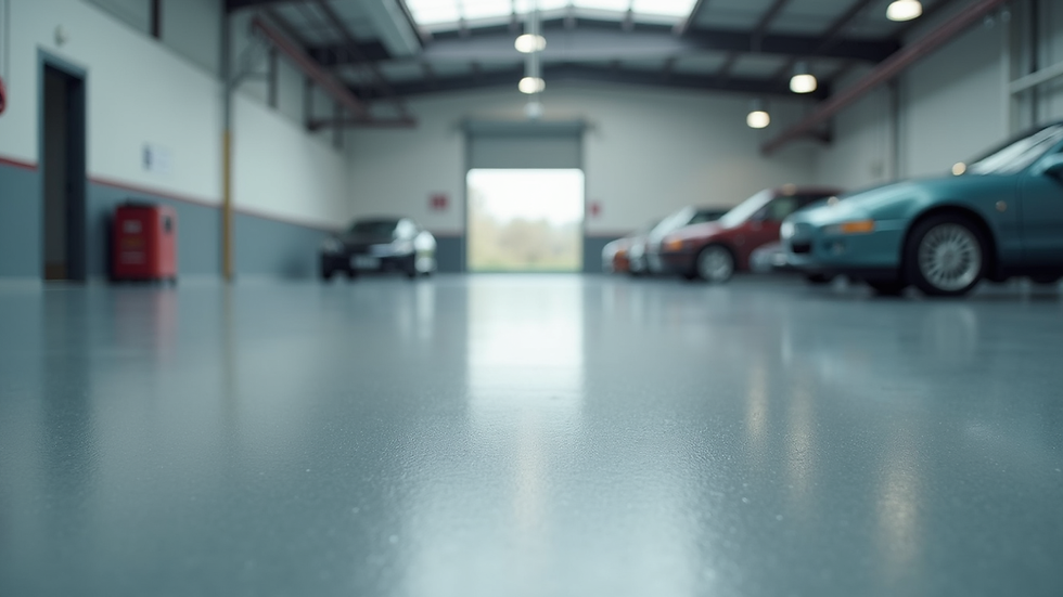 Close-up view of a smooth, glossy epoxy floor in a commercial garage