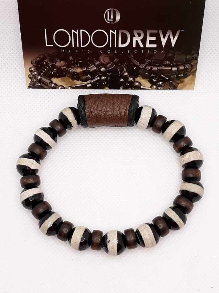 LDb006 Gemstones and Wood Rondel with Leather Focal Bead szM
