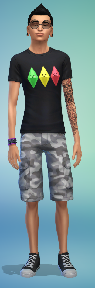 A Latino Sim, wearing gray camo shorts, on a black graphic tee with Plumbobs on the front.