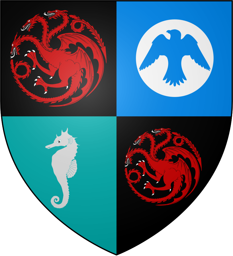 The shield banner of Rhaenyra from House Targaryen, displaying a quartered design. The red dragon on black of House Targaryen in the first and fourth quarters. The falcon of House Arryn inside a white moon on a sky blue field in the second quarter. The banner of House Velaryon occupies the third quarter, the silver seahorse on a sea green field.