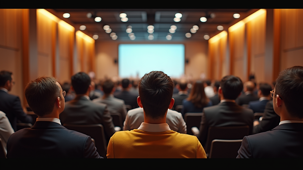 Wide angle view of a conference hall filled with attendees