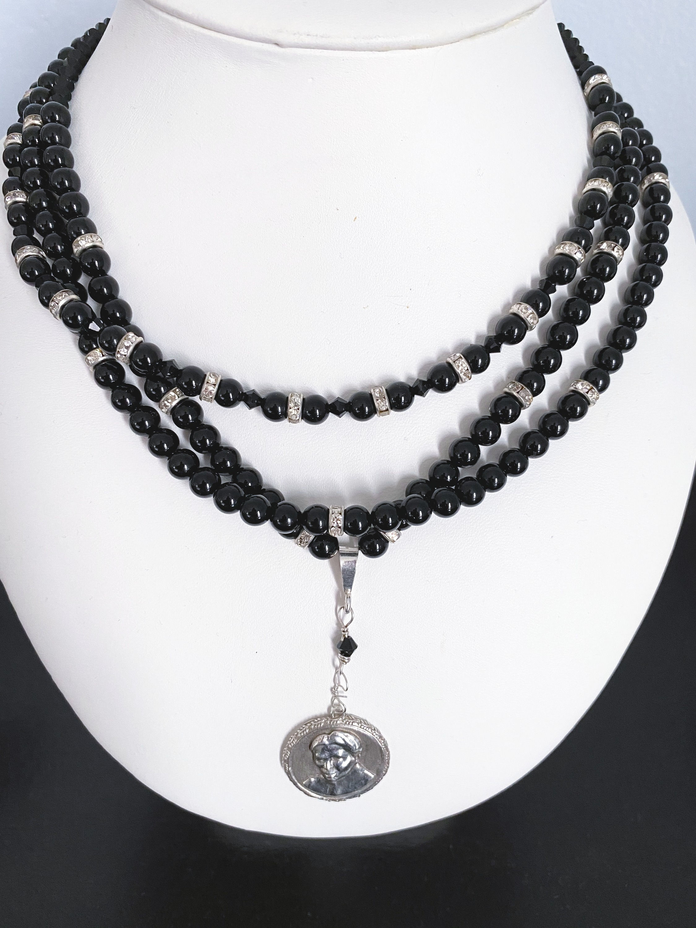 Harriet Tubman Onyx & Crystal 3 Strand Necklace