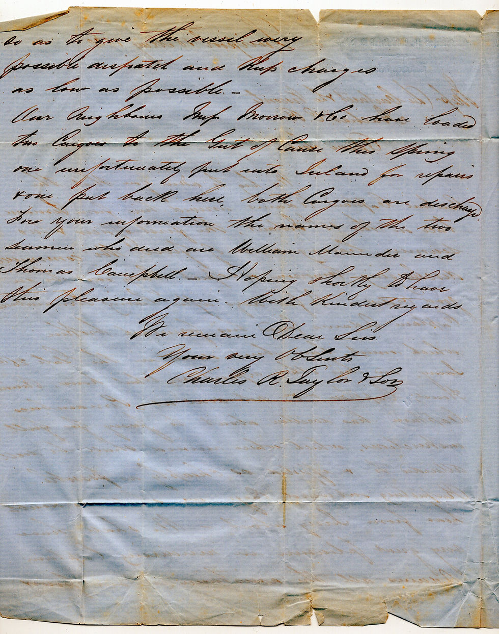 Great Britain Scott # 27 – 6d Pale Lilac, on May 18, 1860 folded letter from Liverpool, England to Arichat, Cape Breton. Addressed to Messrs De Carteret & de Visconte, Arichat, Cape Breton. Manuscript "Mail via Halifax" on front. 466 barred oval cancellation (Liverpool). Backstamps LIVERPOOL P.O.19 MY 60, H(alifax) N.S. MY 28 1860, ARICHAT N.S. MY 30, 1860. a transatlantic transit of twelve days. Manuscript "C.R. Taylor Son, Liverpool, May 18/60" on inside flap.