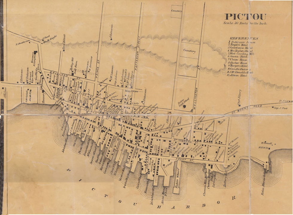 Pictou Town, 1864. The Dawson Wharf is on Water Street near the town center