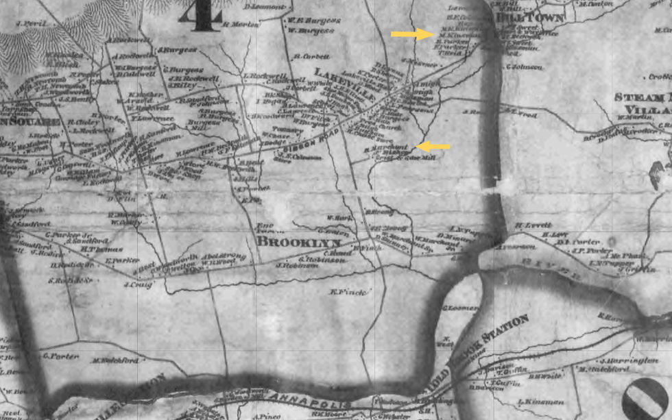A.F. Church map of King's County, with the Kinsman store and Marchant farm indicated. The Windsor & Annapolis Railway line is at the bottom of the map.